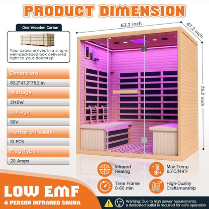 Seville 4-Person Low-EMF Canadian Hemlock Infrared Sauna with Bluetooth