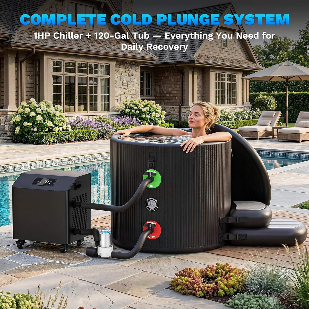 Premium XL 120-Gallon Cold Plunge Kit with 1 HP Chiller, Filter & Pump